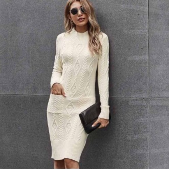 Beige High Neck Textured Bodycon Sweater Dress - Picture 9 of 14
